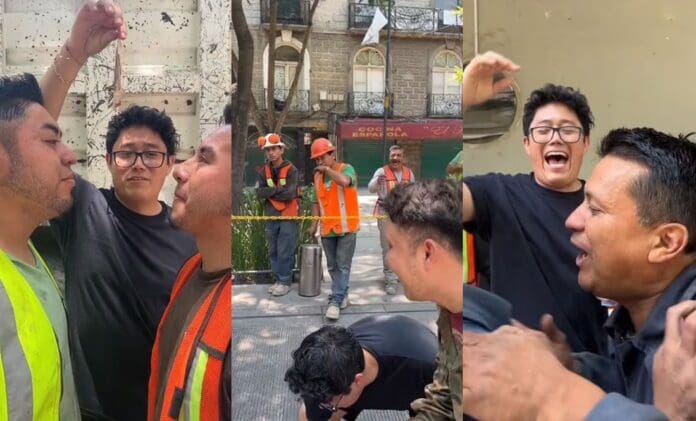 Albañiles se dan un beso tras hacer reto viral de TikTok