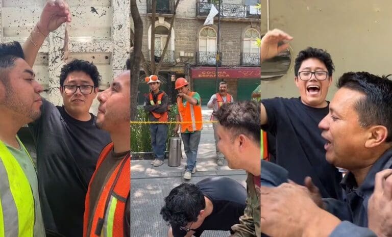 Albañiles se dan un beso tras hacer reto viral de TikTok