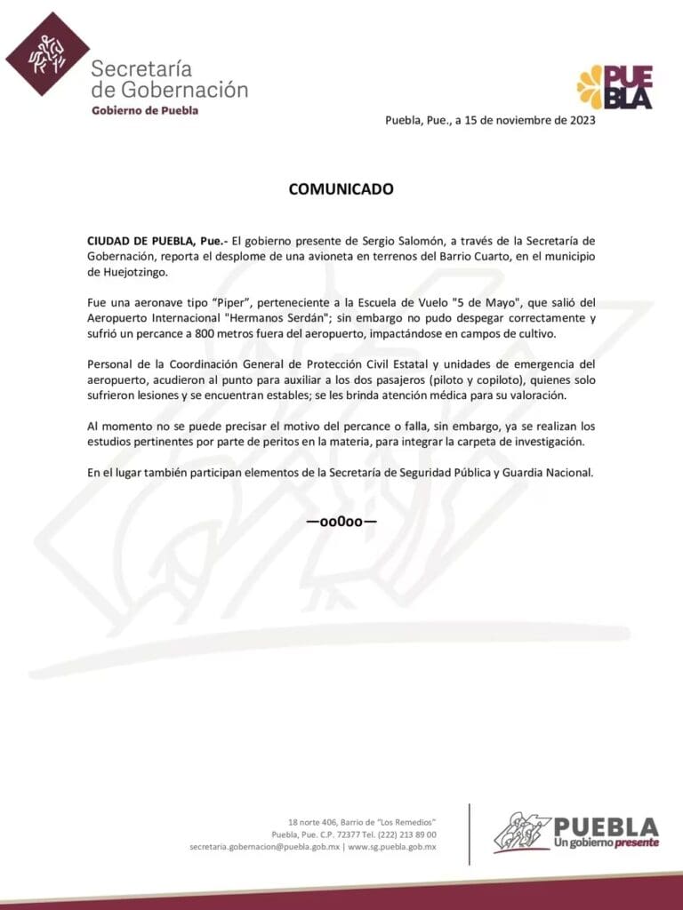 Desplome de avioneta en Huejotzingo, Puebla, dejó dos personas lesionadas