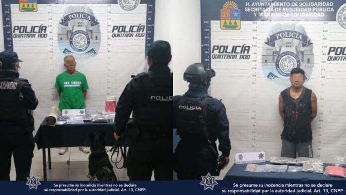 Policía Municipal de Solidaridad asegura a dos sujetos, armas de fuego y posibles narcóticos