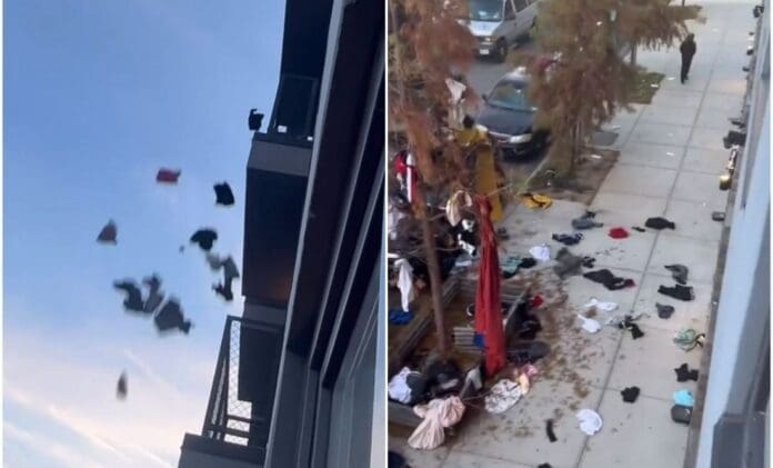 Mujer arroja ropa de su novio de edificio en NY tras descubrir su infidelidad y se vuelve viral en TikTok