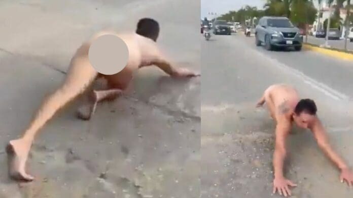 VIDEO: Captan en avenida de Tulum a sujeto desnudo; presumen que estaría bajo efectos de drogas