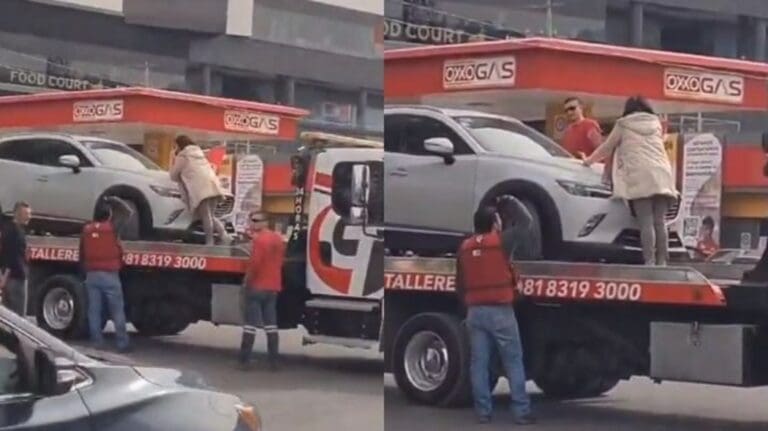 Mujer se 'trepa' a grúa para evitar que se llevaran su camioneta en Monterrey
