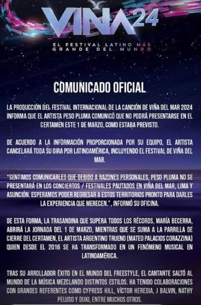 Tras polémica, Peso Pluma cancela su presentación en Viña del Mar