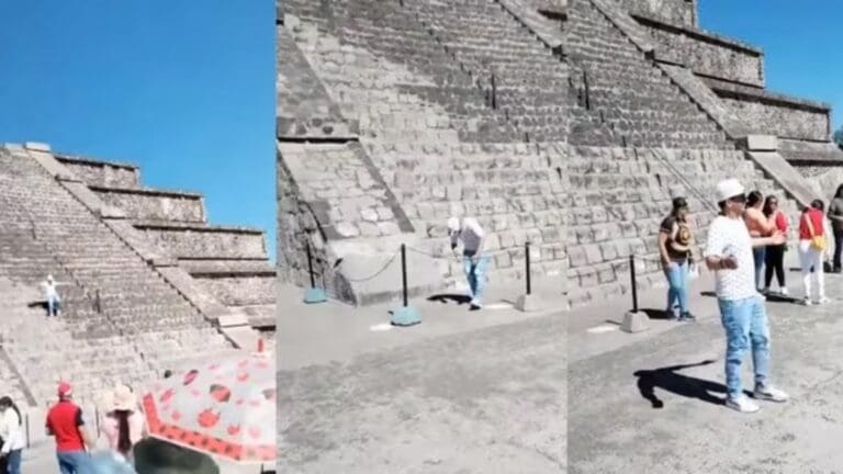 Turista sube a Pirámide de la Luna en Teotihuacán