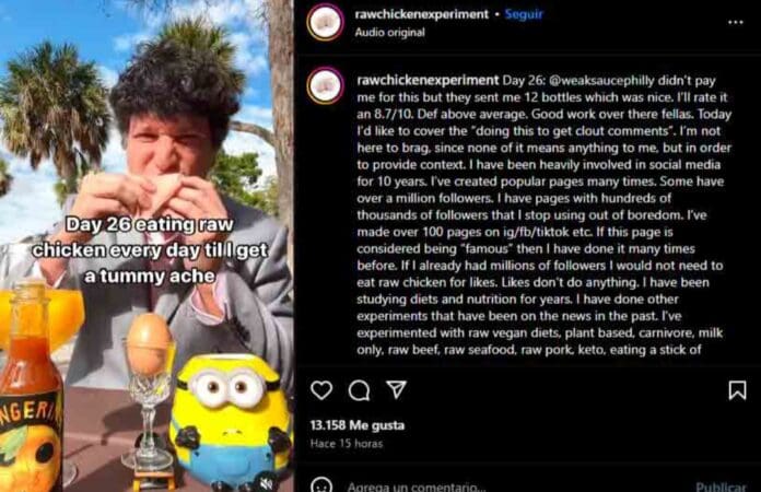 Peligroso reto: Hombre comerá pollo crudo durante 100 días o hasta que lo hospitalicen