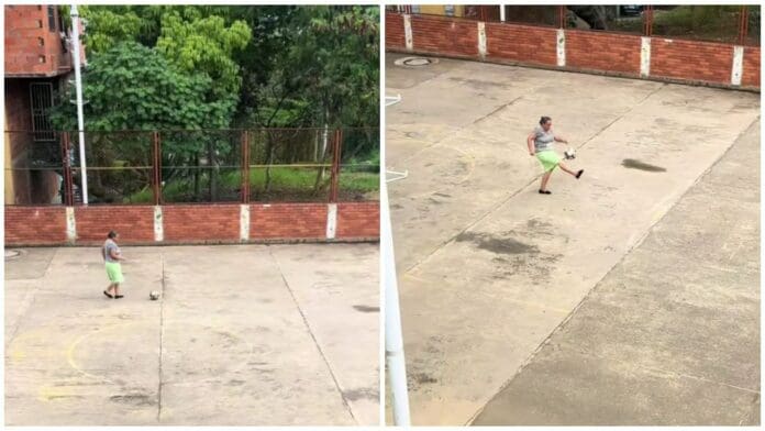 Abuelita se vuelve viral por jugar futbol con su nieto