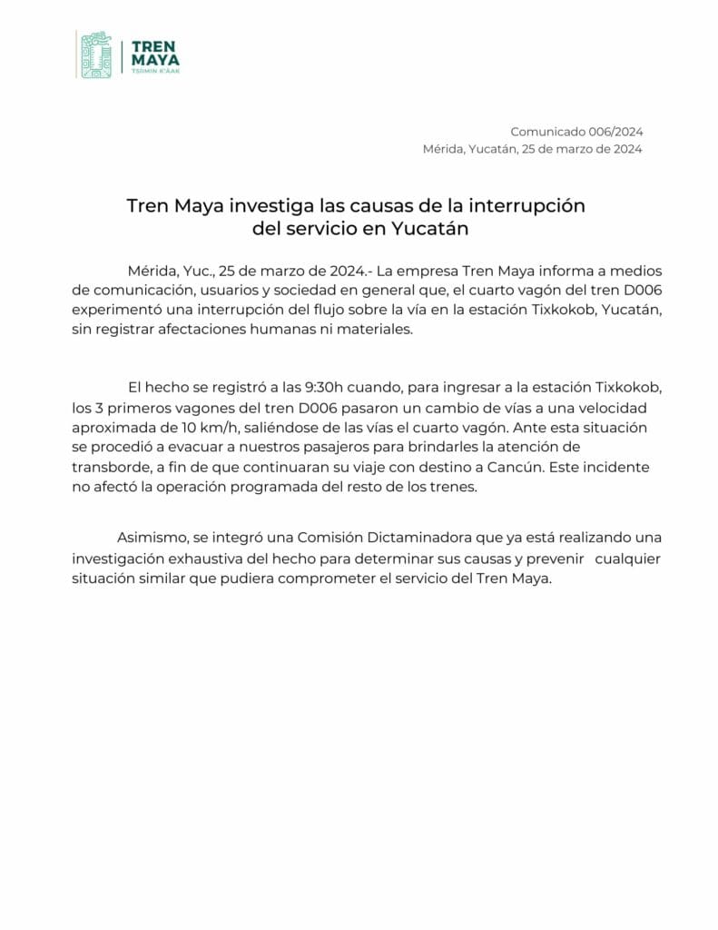 Tren Maya integra comisión para investigar descarrilamiento en Tixkokob