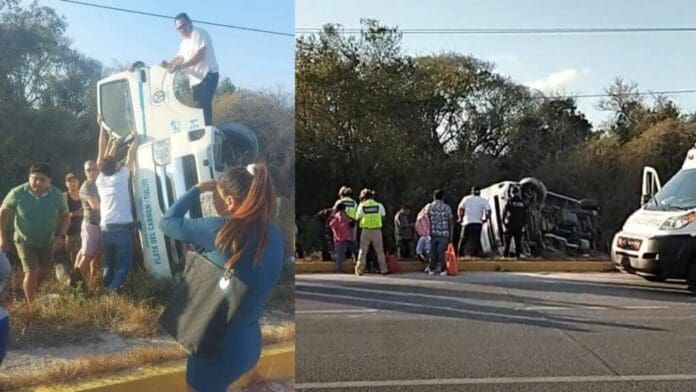 Vuelca una van en la carretera federal 307 en el tramo Playa del Carmen-Tulum; se lesionan 15 personas