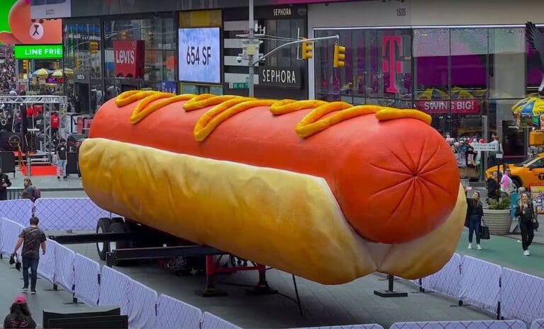 Escultura de hot dog más grande del mundo critica el capitalismo desde Times Square