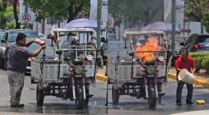 Un mexicano utilizó una botella grande de Coca-Cola para sofocar el incendio de un mototaxi. Todo quedó grabado.