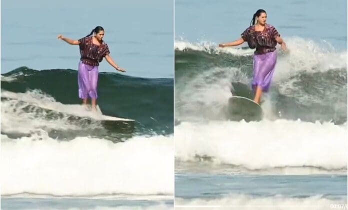 VIDEO: Surfista mexicana doma olas con vestido huipil