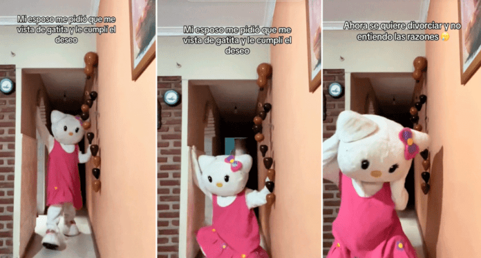 VIDEO: Hombre quería ver a su pareja como gatita y ella se disfraza de Hello Kitty para cumplir su deseo