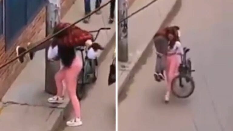 VIDEO: Mujer se viraliza por llevar a su novio borracho en el hombro y cargar una bicicleta al mismo tiempo