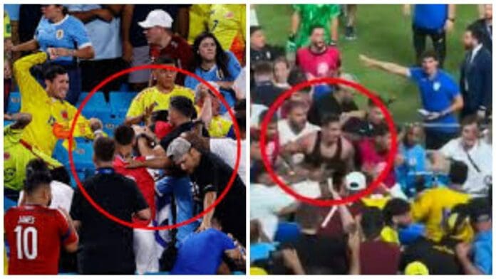 Futbolistas uruguayos pelean con aficionados colombianos al finalizar el partido de semifinal de Copa América