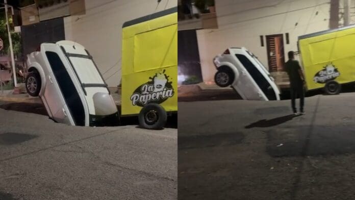 VIDEO: Enorme socavón se 'traga' camioneta en Culiacán, Sinaloa