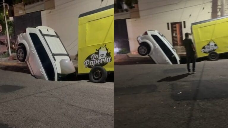 VIDEO: Enorme socavón se ‘traga’ camioneta en Culiacán, Sinaloa