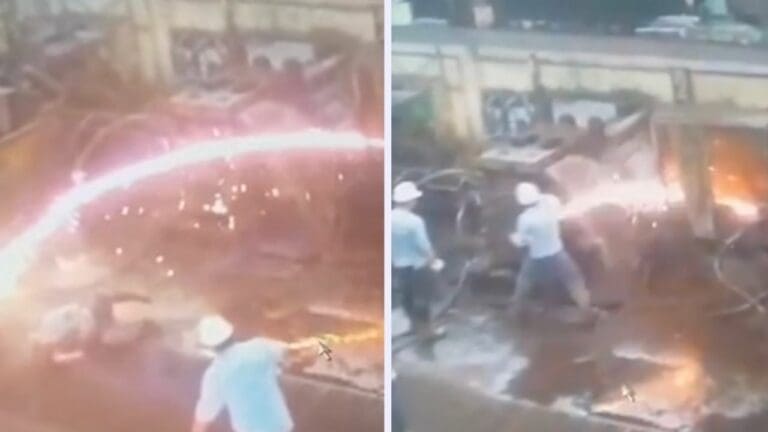 VIDEO: Empleado es golpeado en la espalda por toneladas de acero al rojo vivo