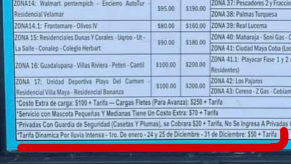 Taxistas de Playa del Carmen actualizan su tarifa en Plaza Las Américas; si llueve serán 50 pesos extra