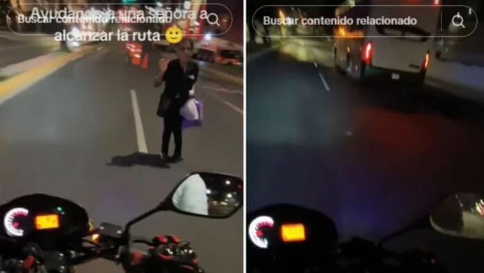 VIDEO Motociclista ayuda a una señora a alcanzar su camión y recibe elogios en redes sociales