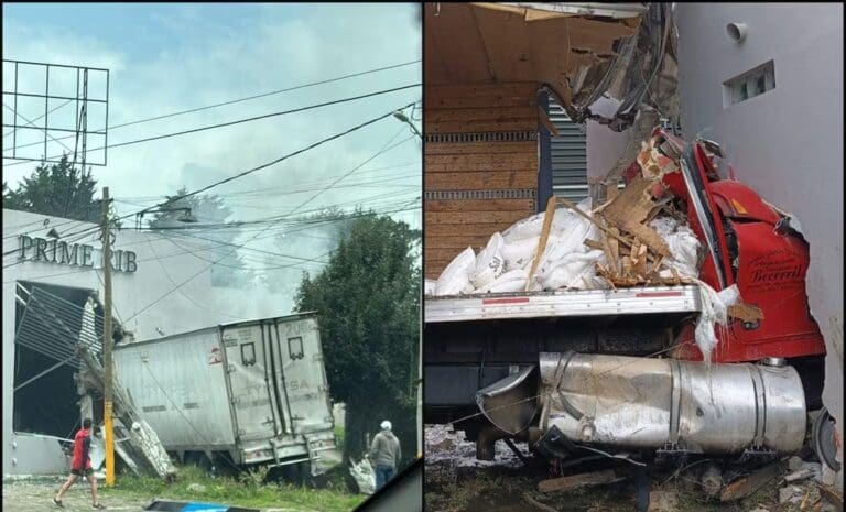 Camión de carga se queda sin frenos y se impacta contra un restaurante sobre la carretera México-Toluca