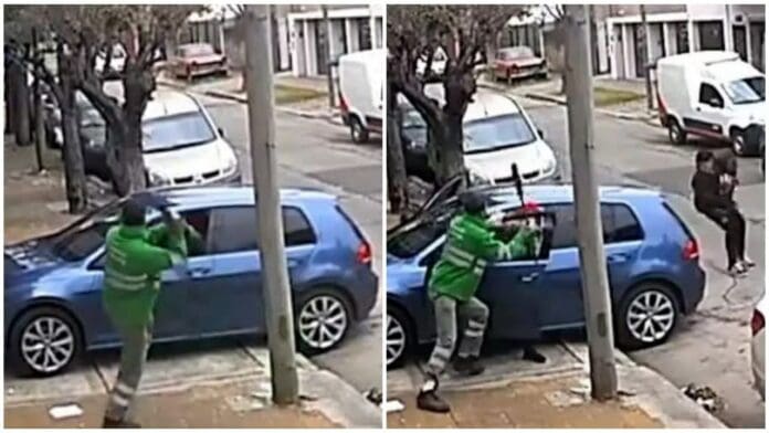 Barrendero espanta a escobazos a dos ladrones que intentaban robar un auto en Buenos Aires