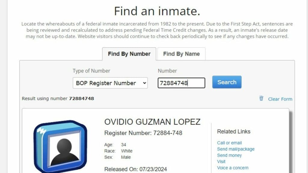 Reporte carcelario de Estados Unidos revela que Ovidio Guzmán fue liberado