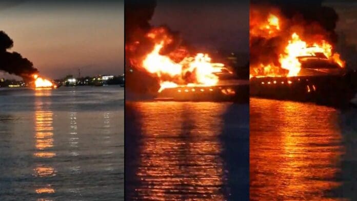 A través de las redes sociales comenzó a circular un video que capta el momento en que se empieza a incendiar un yate en la bahía de Isla Mujeres.
