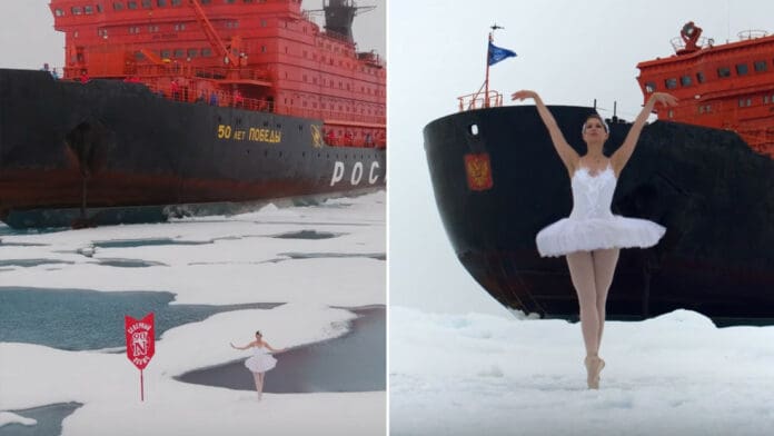 Una pasajera de un crucero ruso interpreta 'El lago de los cisnes' sobre hielo en el Polo Norte