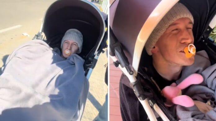 Disfraza a su amigo de bebé y consiguen entrar a parque de diversiones gratis