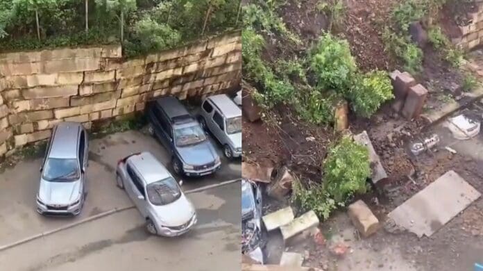 Mujer salva su carro antes de que barra de contención se derrumbara en Rusia