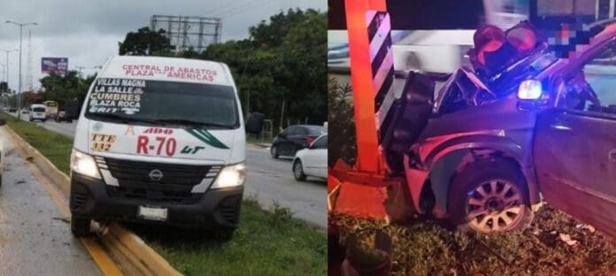 Accidentada mañana de viernes en Cancún; una camioneta se estrelló con un semáforo y una combi golpeó un poste.