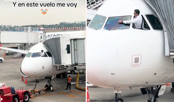 Pasajeros captan a piloto limpiando los vidrios de avión antes de despegar y en redes bromean