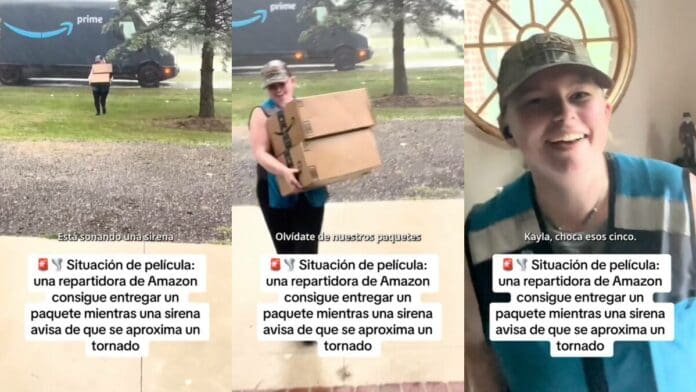 Captan a repartidora de Amazon “luchando” con un tornado para entregar paquete a tiempo