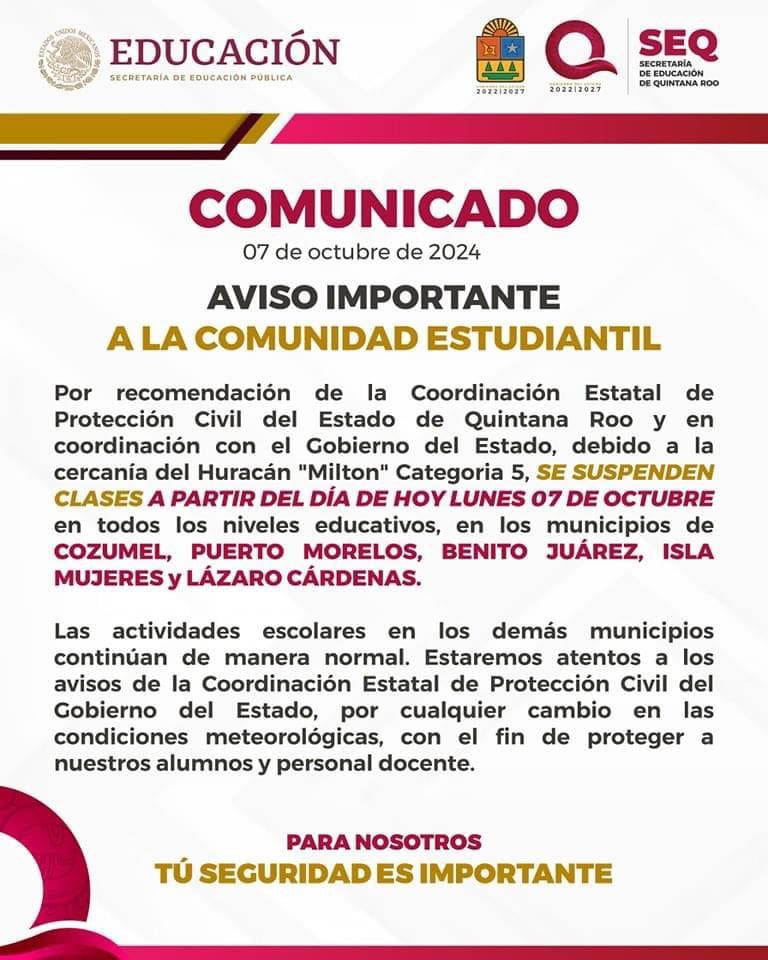 Alerta Naranja: Suspenden clases en estos municipios de Quintana Roo por huracán Milton