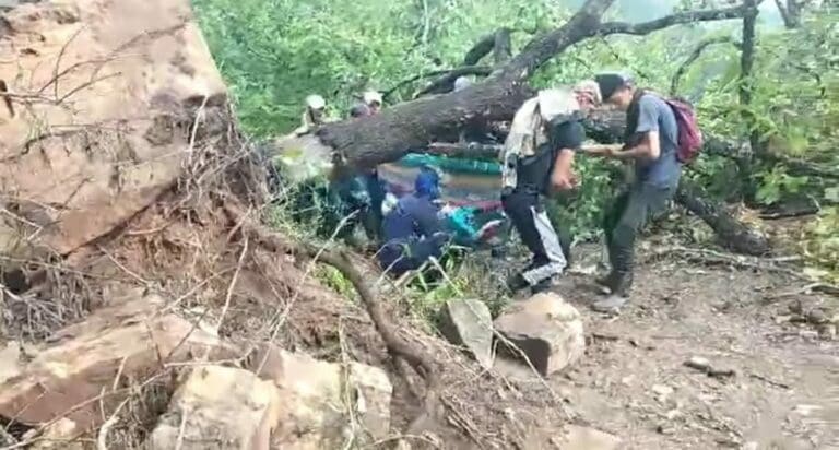 Una mujer embarazada perdió a su bebé; fue trasladada a un hospital en una hamaca en Guerrero. Su pueblo quedó incomunicado.