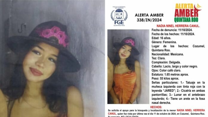 Activa Fiscalía Alerta Amber por desaparición de Nadia Ninel Herrera Canul, joven de 16 años en Cozumel