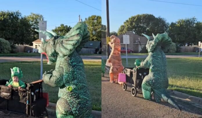 VIDEO: Familia se hace viral por pasear en la calle disfrazados de dinosaurios
