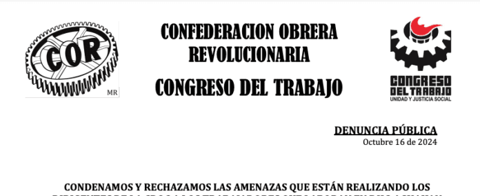 COR y Congreso del Trabajo rechaza amenazas de la CROC contra trabajadores en Cancún