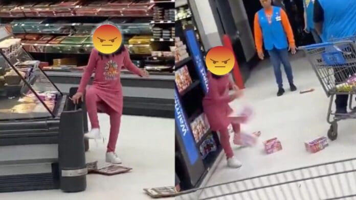 Captan a niña haciendo berrinche en supermercado; rompe todo lo que encuentra a su paso