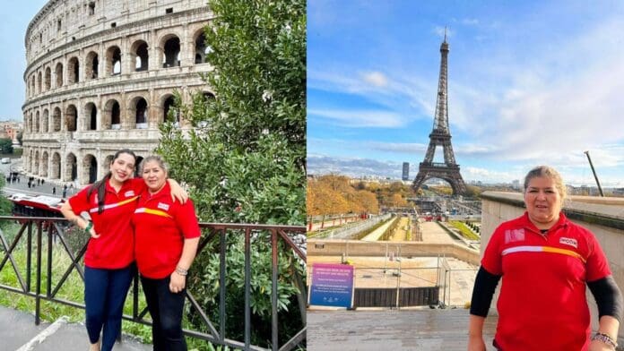 Madre e hija posan con sus playeras de OXXO durante viaje a Europa: 