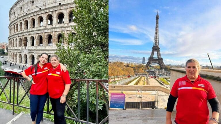 Madre e hija posan con sus playeras de OXXO durante viaje a Europa: "cumplimos nuestro sueño"