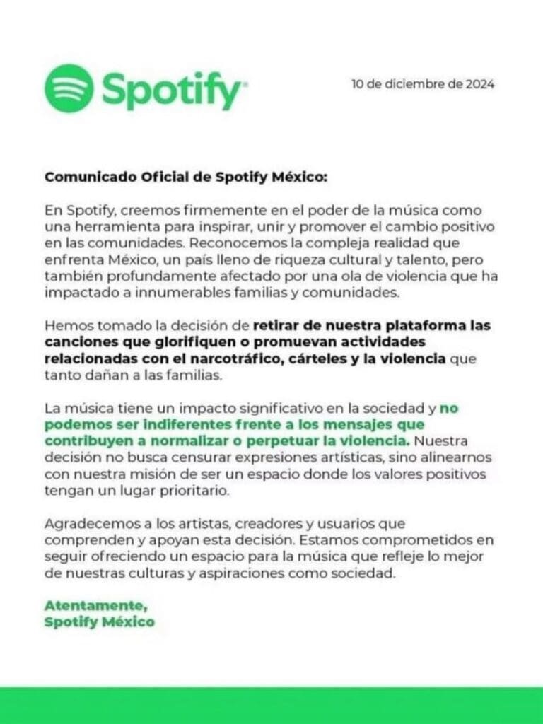 Spotify desmiente que vaya a retirar los narcocorridos de su plataforma