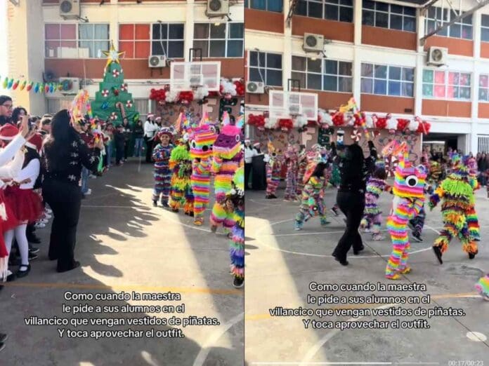 Maestra 'rompe piñatas' y protagoniza divertido momento en festival escolar navideño