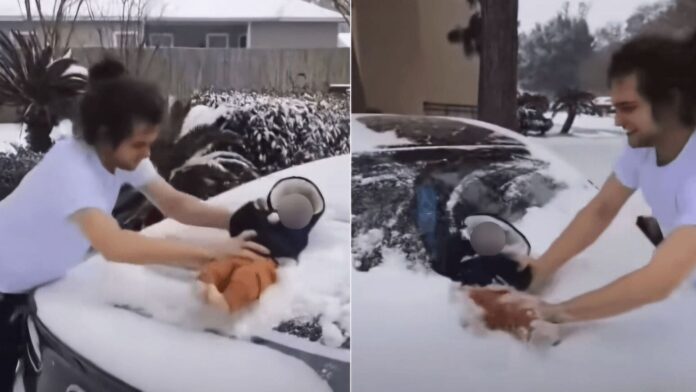 Video: Investigan a sujeto por usar a un bebé de tres meses para limpiar la nieve del parabrisas de su auto