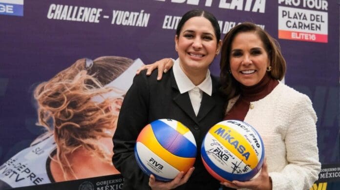 Mara Lezama y Estefanía Mercado anuncian el Tour Mundial de Voleibol en Playa del Carmen que será en marzo.