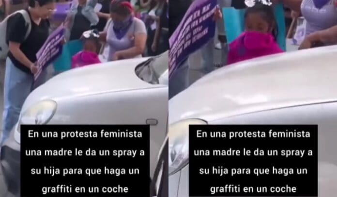 Madre le da a su hija spray de pintura
