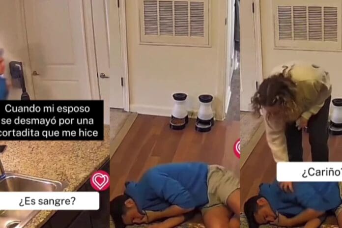 Hombre se desmayna pequeña herida en su esposa