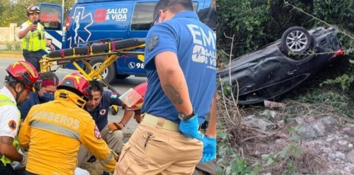 Mujer queda prensada tras un fuerte choque en el tramo Tulum-Playa del Carmen. Tenía atrapada la mitad de su cuerpo.