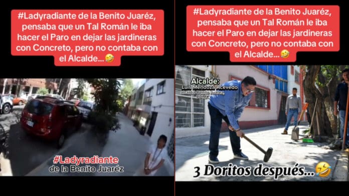 Lady Radiante: mujer y su madre ponen cemento en una jardinera de la alcaldía Benito Juárez en Cdmx
